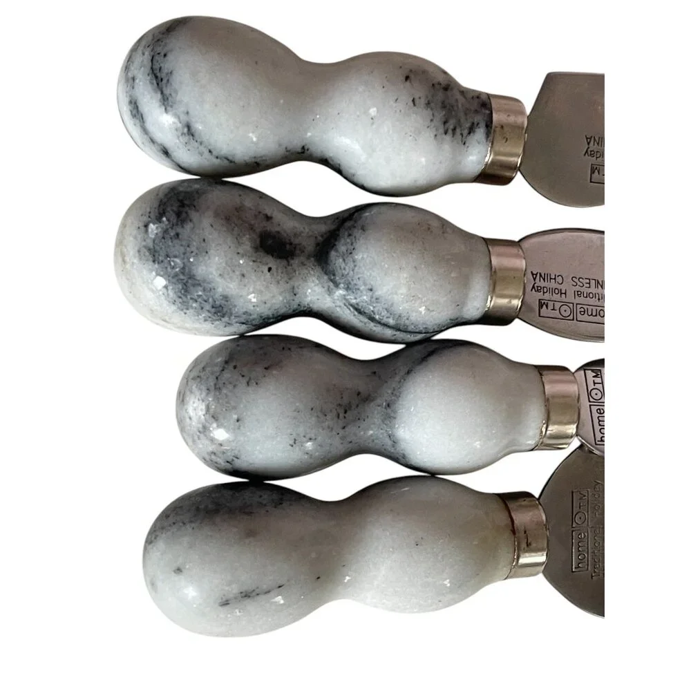 Cheese Spreader Charcuterie Set Gray/White Polished Marble Stainless Steel 5.5